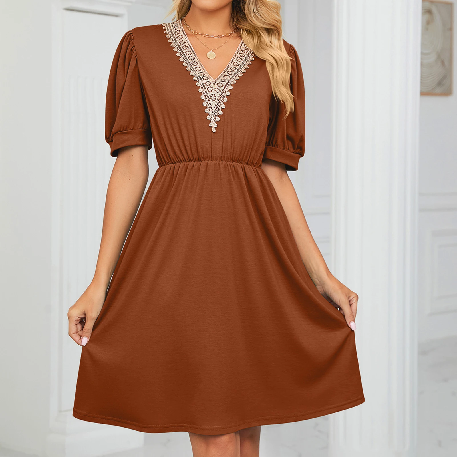 

2023 Womem Short Sleeve Dress Lace Stitching Casual Dress Pleated V Neck Fashion A-Line Female Vestidos With Pockets