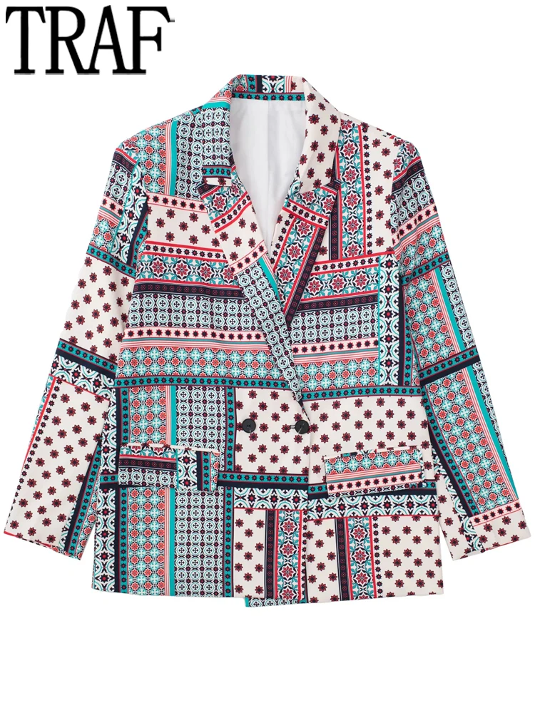 

TRAF 2022 Printed Casual Blazer Women Patchwork Elegant Female Blazer Set Fashion Double Breasted Long Sleeve Jacket Women