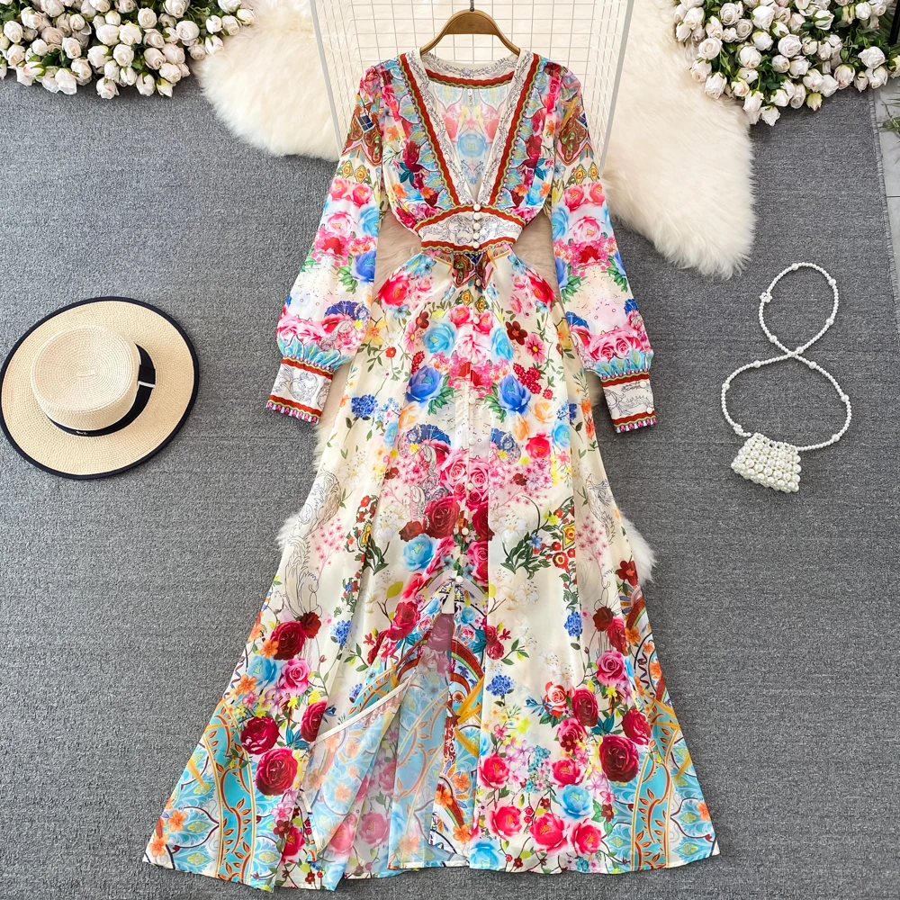 

2023 New Runway Flower Elegant Chiffon Maxi Dress Women Deep V Neck Long Sleeve Floral Print Holiday Party Split Robe Vestido