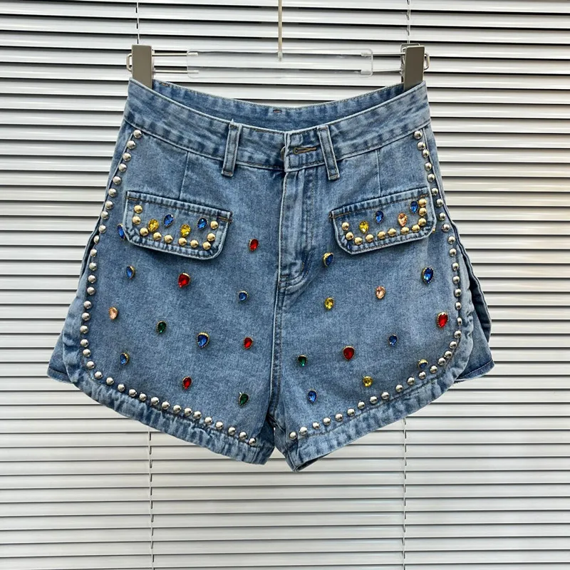 

Heavy Industry Rivet Beaded Diamonds Denim Shorts Women Summer New High Waist Loose Wide Leg Jeans Short q191