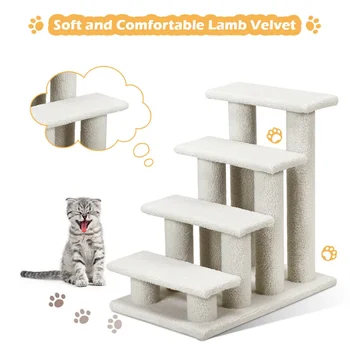 Fashion 24'' 4-Step Pet Stairs Carpeted Ladder Ramp 8 Scratching Post Cat Tree Climber, Cat Furniture ,Cute Cat Toy 4