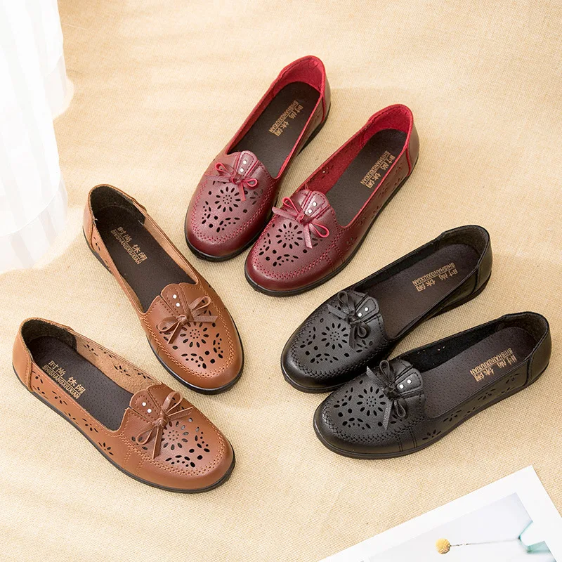 2023 Women Leather Flat Shoes Breathable Ladies Leisure Loafers Soft Sole Comfortable Female Shallow Office Flats Boat Shoes