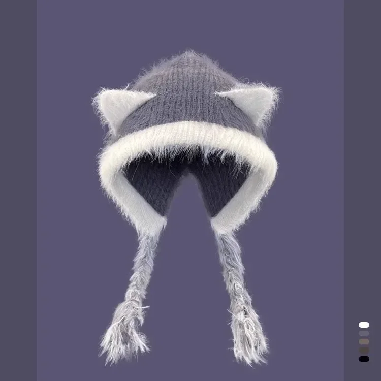 Теплая плюшевая шапка в японском стиле с цветными блоками женская осенне-зимняя