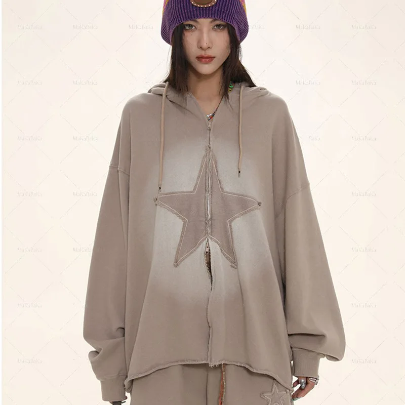 

Sweatshirt Spray Offset Printing Five-pointed Star Loose Large Version Couple Sweatshirt Sudaderas Para Mujer Streetwear Tops