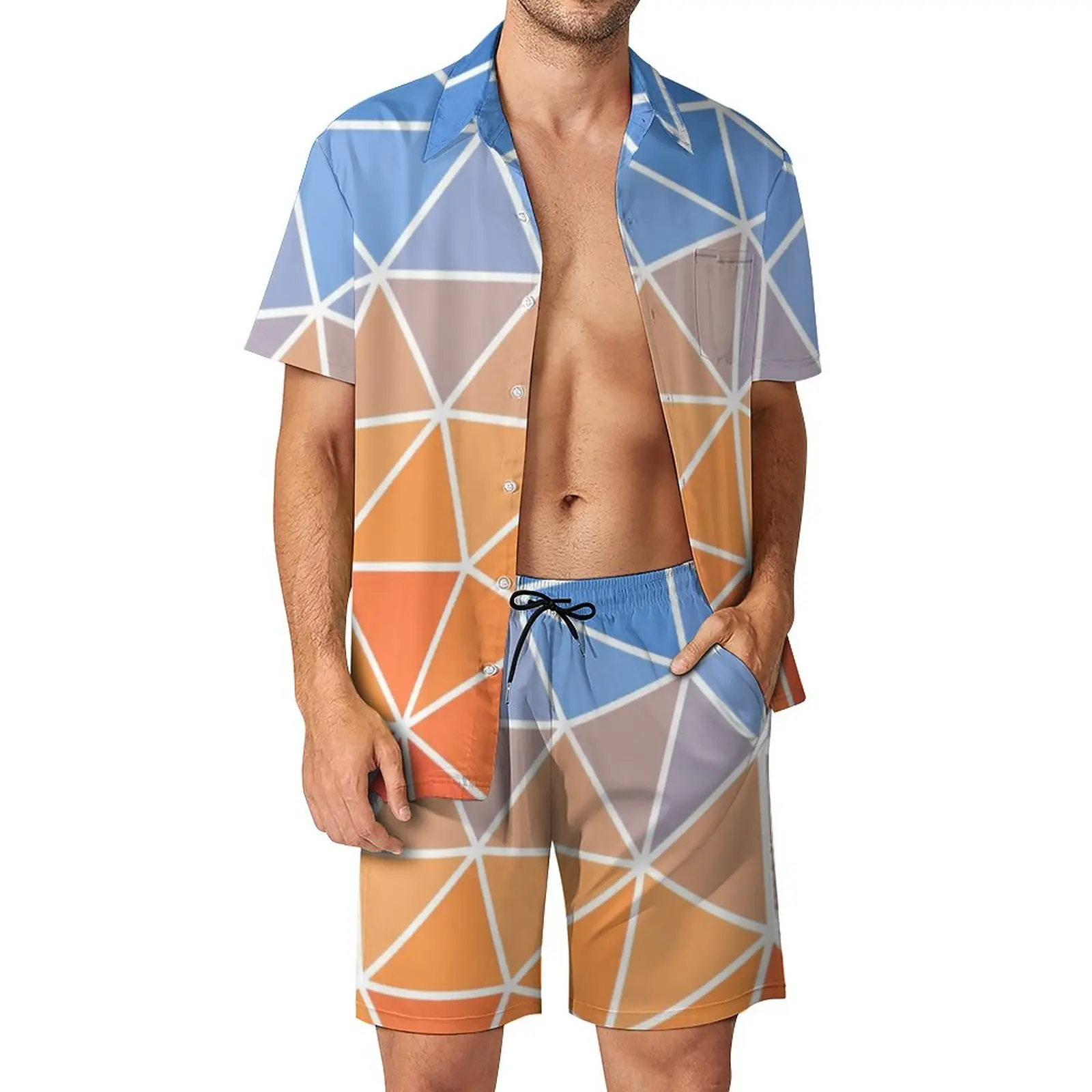 

Ombre Geo Print Men Sets Sunrise Fashion Casual Shirt Set Short-Sleeved Printed Shorts Summer Vacation Suit Plus Size 2XL 3XL