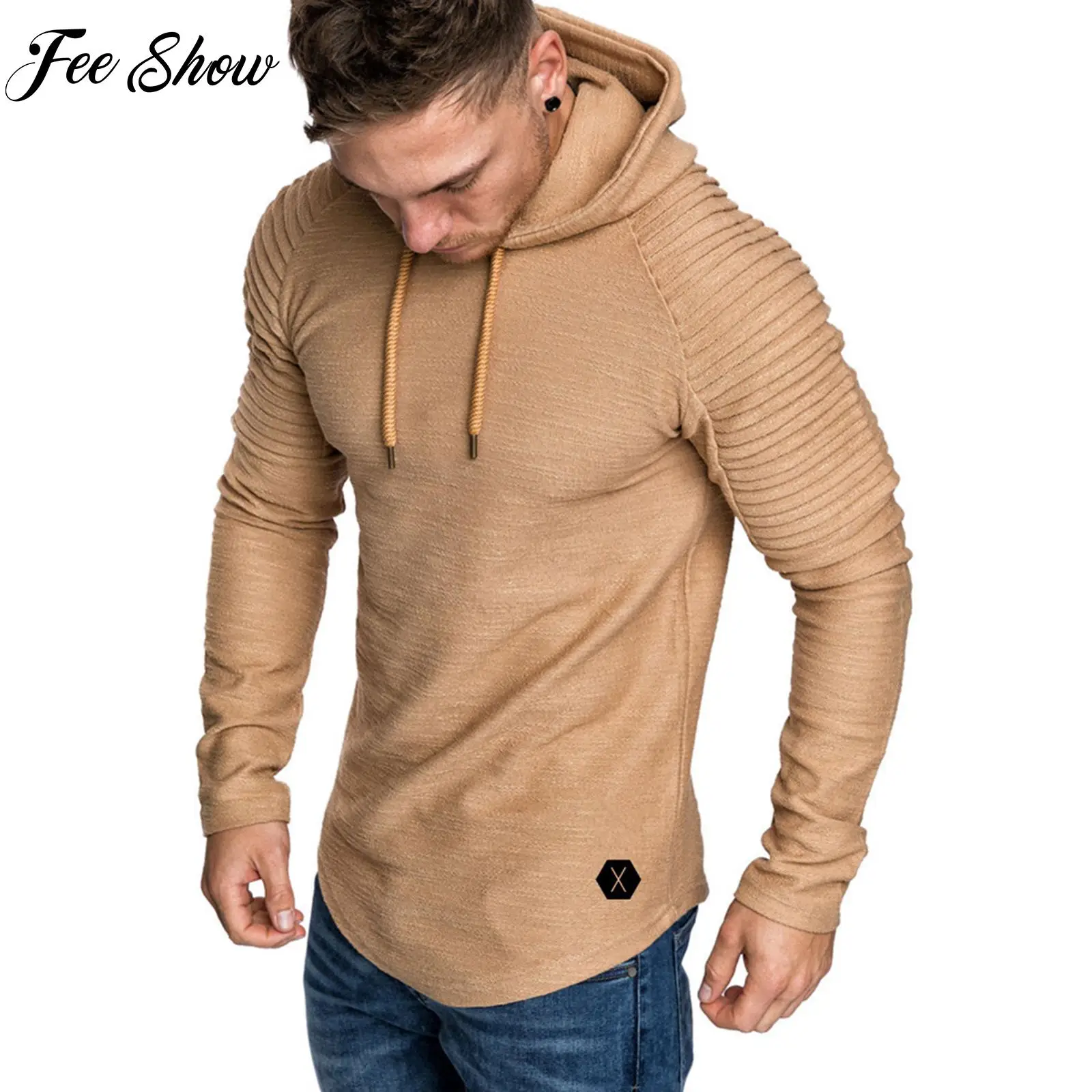

Fashion Men Casual Hooded T-shirt Running Top Ruched Shoulder Long Sleeve Slim Fit Drawstring Pullover Tops Solid Color T-shirts