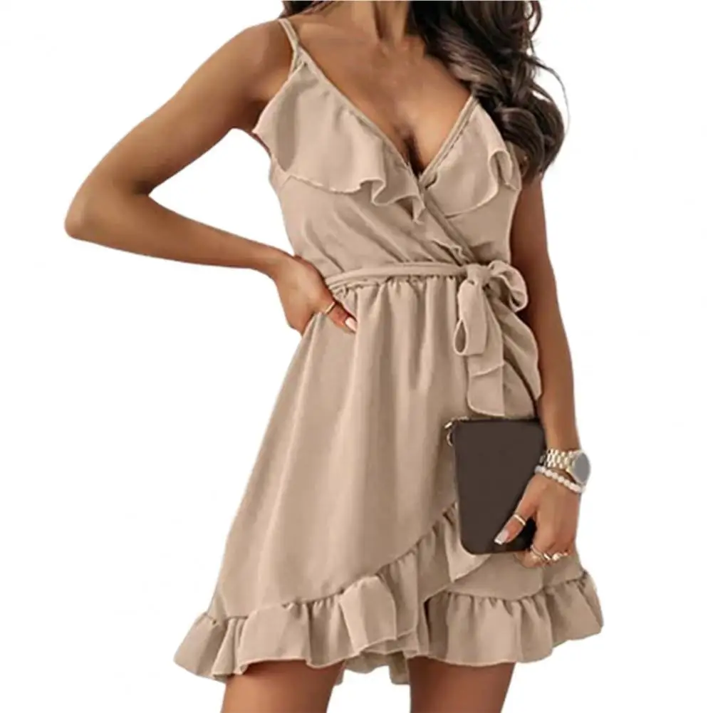 

Summer Dress Women's Solid Color V-neck High-waist Sleeveless Belt Spaghetti Straps Women Dress Irregular Ruffle Hem Sling Dress
