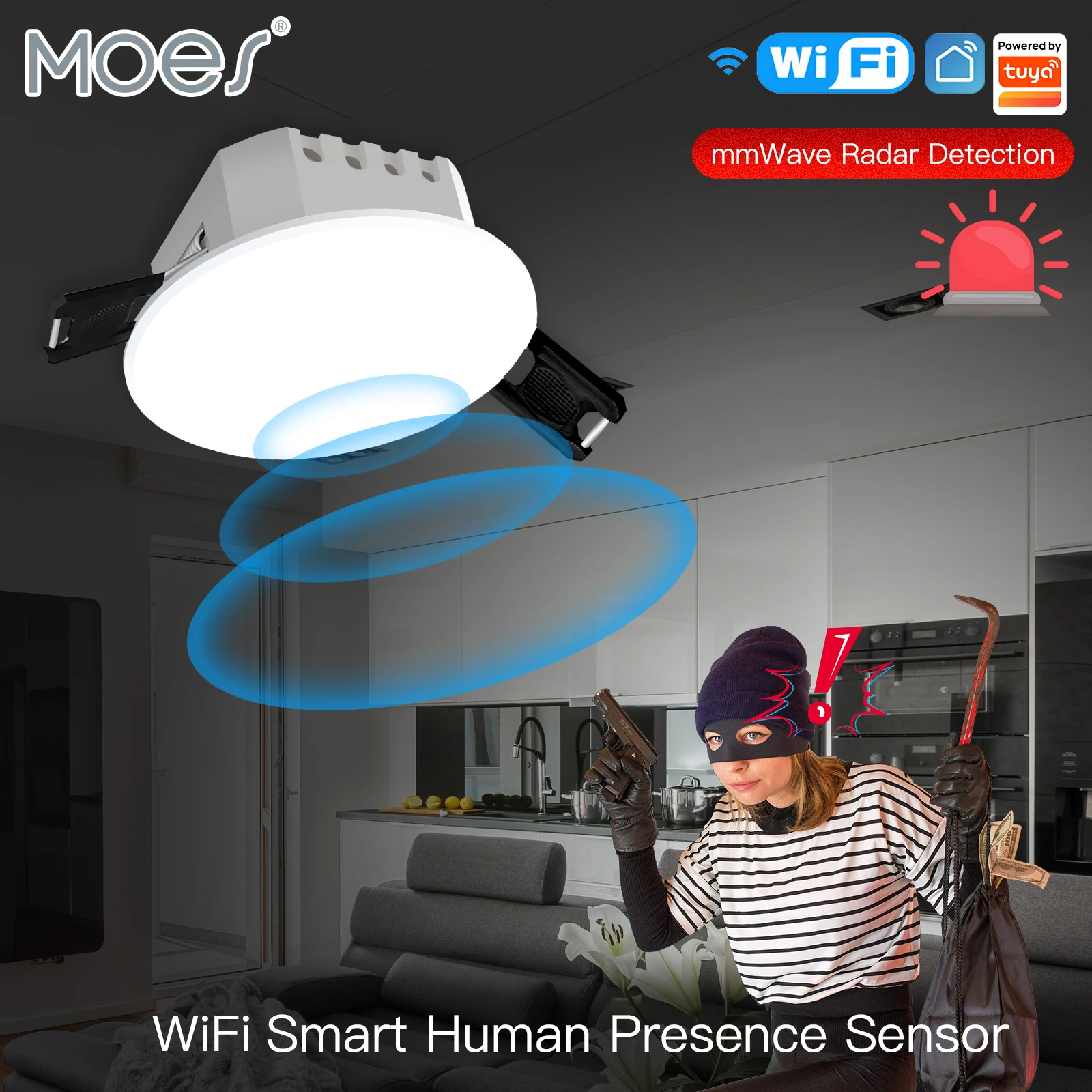 

MOES Tuya WiFi Smart Body Sensor Millimeter Wave Radar Detection Photometric 2 in 1 Function Smart Life APP Ceiling PIR Hub