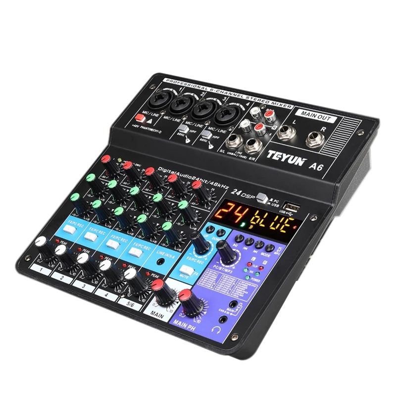 

Professional Sound Card 6-Channel Mixer Outdoor Conference Audio USB Bluetooth Reverb Audio for Microphone Live