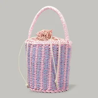 Candy Drawstring Bucket Straw Handbag Women Summer Casual Rattan Woven Bags Ladies Clutch Beach Female Top Handle Bag Cute Purse