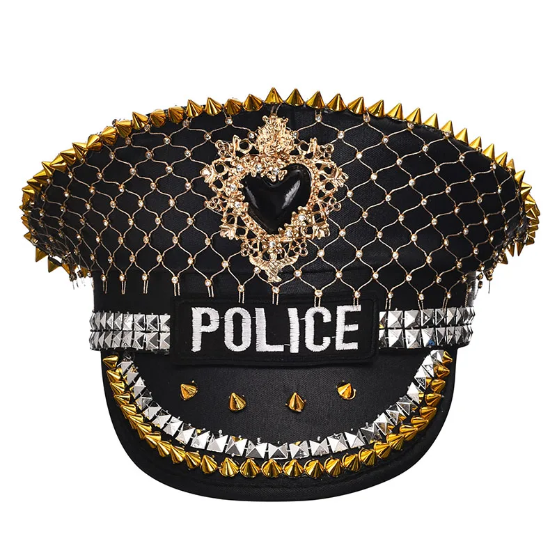 Black And Gold Rivets Adult Unisex Goth Rock Police Officer Hat Halloween Headwear Cop Cosplay Accessories Steampunk Anime Prop