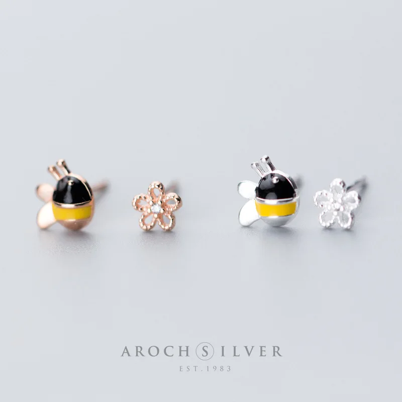 

Серьги-гвоздики из серебра 925 пробы в японском и корейском стиле, персонализированные Асимметричные серьги с Пчелой и цветком, изящные и мил...