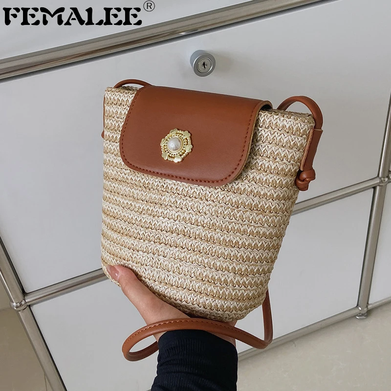 

Small Fashion Straw Bucket Handle Bags 2022 Designer Contrast Color Handmade Woven Beach Shoulder Purses Branded Handbags Ladies