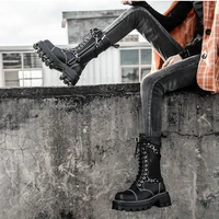 women motorcycle boot shoes new 2022 lace up thick bottom chunky heels chain punk boots spring autumn british style martin boots