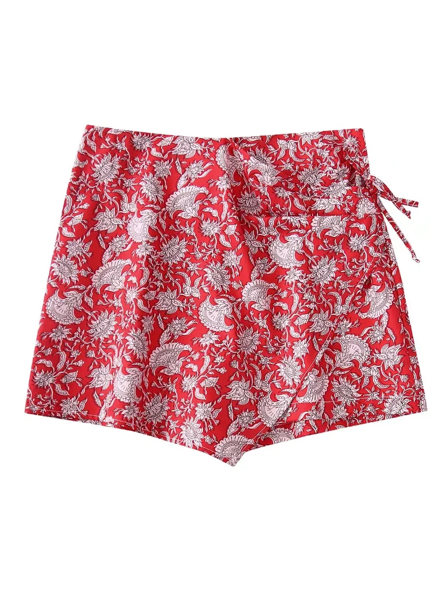 

Fashion Women Printed Pareo Skort 2022 Summer High Waist Front Wrap Style Crossover Back Zipper Fastening Mini Shorts Skirts