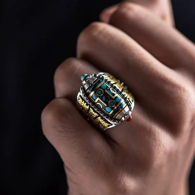 

Retro Nine Turns Dzi Open rings Adjustable size Ethnic style Wide ring Rotatable Means Luck Fine Jewelry Accessories Men rings