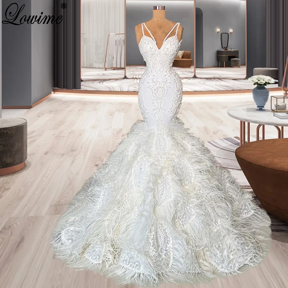 

Elegant White Lace Wedding Dresses Mermaid Spaghetti Feathers Wedding Gowns For Women Chapel Bridal Gowns Vestidos De Novia