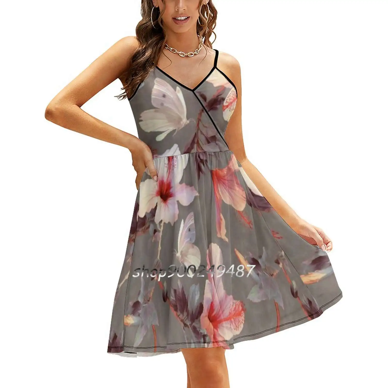 Coral Hibiscus Sling Dress Summer Sexy A Line Fashion Female Floral Tropical Leaves
