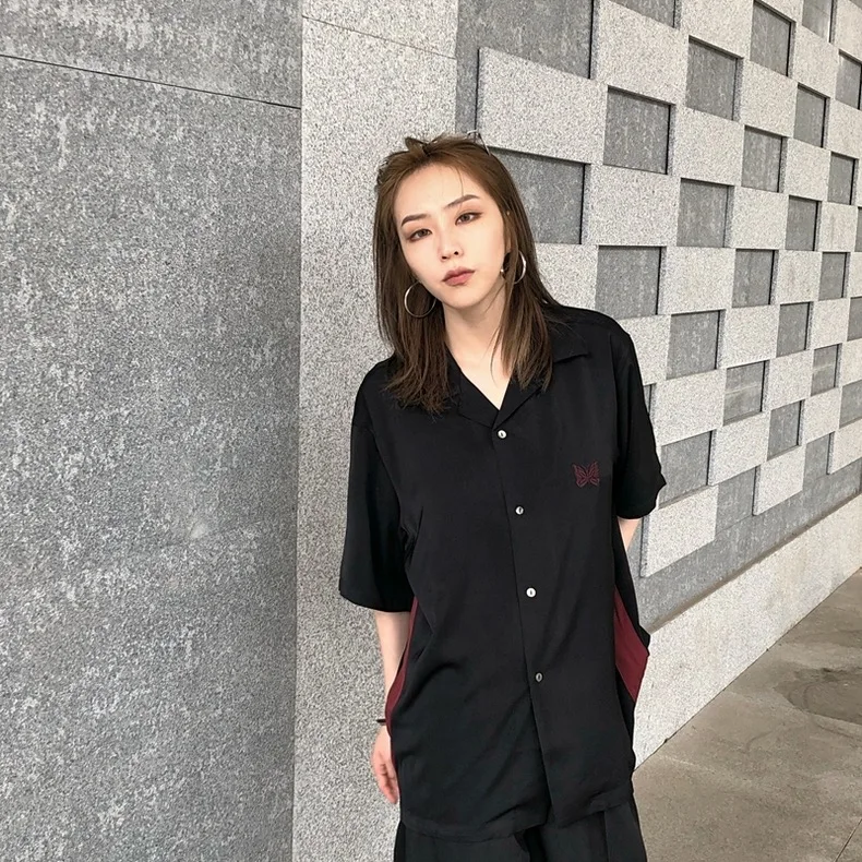 New Black Red Needles Seam Cut Shirts Men Women 1:1 High Quality Butterfly Logo Tops Fashion Button AWGE Short Sleeve Blouse