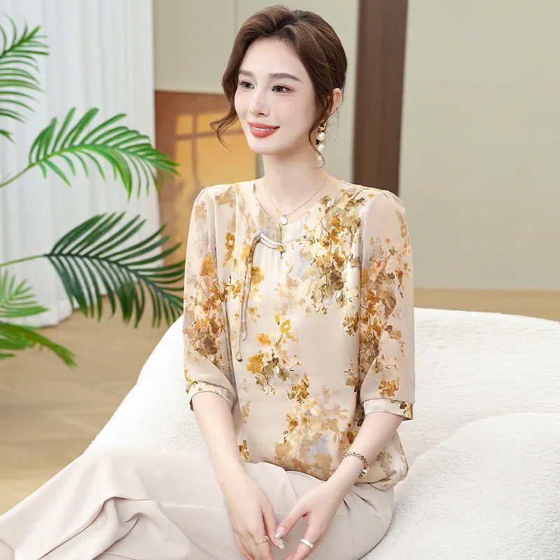 Стильная шифоновая блузка для женщин среднего и пожилого возраста летний модный