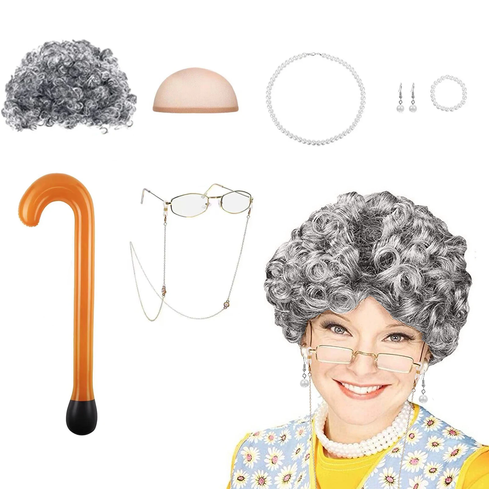 

Old Lady Costume Set Walking Cane Faux Pearl Bead Necklace Glasses For Halloween Costume Cosplay Role Play Accessories