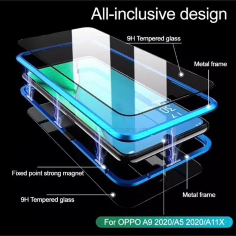 Magnetic Metal Cover Case For Oppo Reno 2Z 8 5 6 7 Pro 7 Z 5G Coque OPPO A57 A56 A36 360 Tempered Glass Case Funda Reno 4 Lite