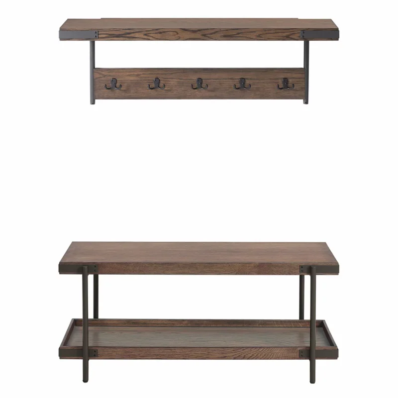 

Alaterre Furniture Kyra 42 in.L Oak and Metal Coat Hook with Shelf and Bench Set