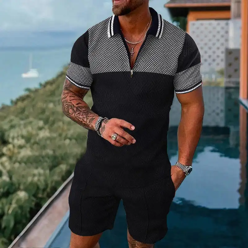 Men's Summer Tracksuit Fashion Turn Down Collar Zipper Polo Shirt+Shorts Sports Jogging Suit Casual Stylish Sweatersuit Set