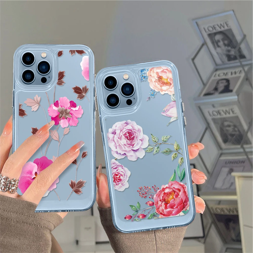 

Transparent Rose Flower Phone Case for iPhone 14 13 12 11 Pro Max Mini XS XR X Protection Shell Back Cover Coque Clear Fundas