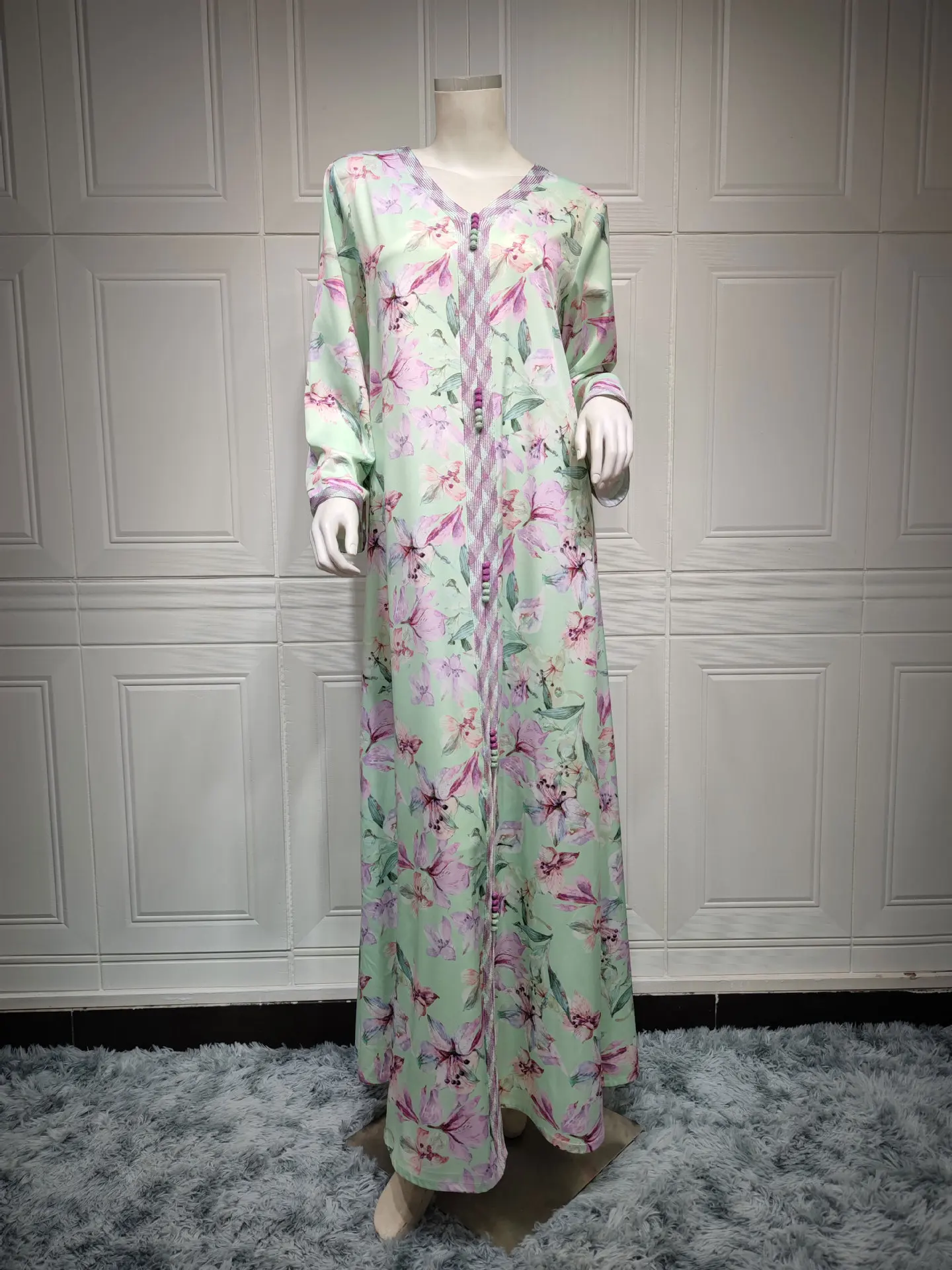 Abayas for Women New Middle Eastern Robe Arab Dubai Print V-Neck Dress Muslim Spring Women's Dress Vistidos Musulmana Abayat