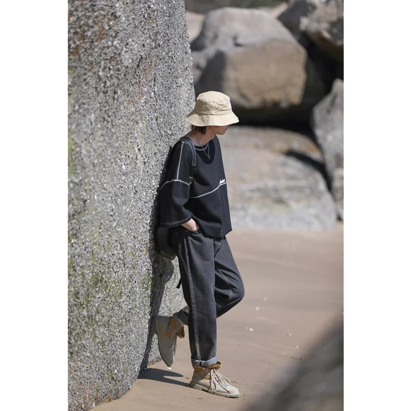 Men Clothing 2022 Autumn Winter New Vintage Versatile Comfortable Black Grey Harun Trousers Straight Loose Cylinder Jeans Female