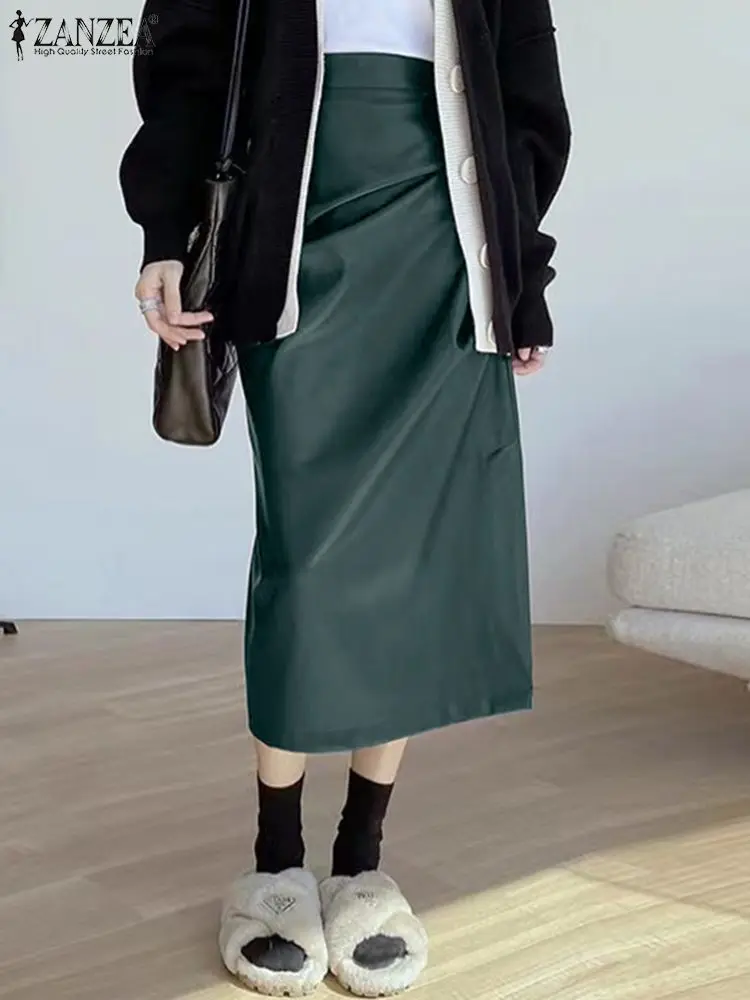 

Юбка ZANZEA женская кожаная с высокой талией, Элегантная Модная элегантная юбка миди с оборками, Повседневная Длинная юбка-футляр в Корейском стиле, весна 2023