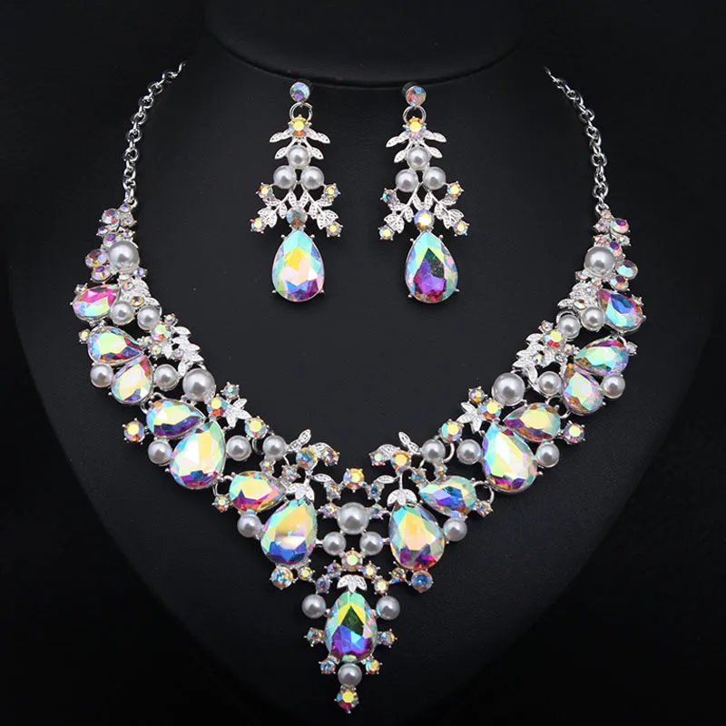 

Sangnuo Rainbow Water Drop Crystal Jewelry Sets for Women Wedding Gift Jewellry Accessories Dubai Bridal Necklace Earrings Set