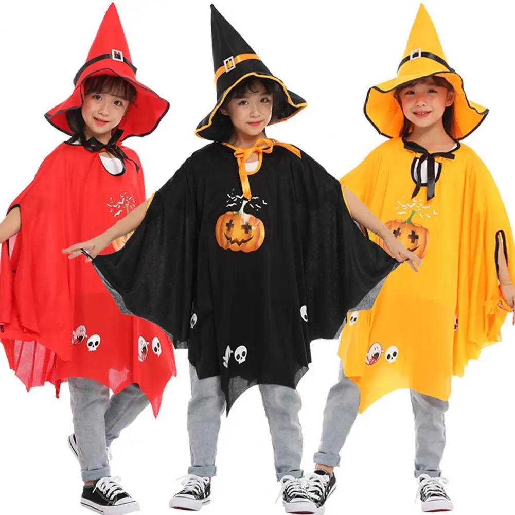 

1 Set Kids Halloween Cloak Cape Witch Pointed Hat Set Pumpkin Skull Print Bating Sleeve Lace Up Halloween Party Cosplay Costumes