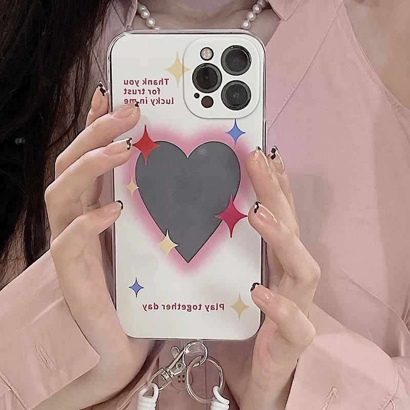 

Korean ins star with heart case For iphone 13 12 11 pro max XS Max XR XS Protect Phone Case Cover with Lanyard