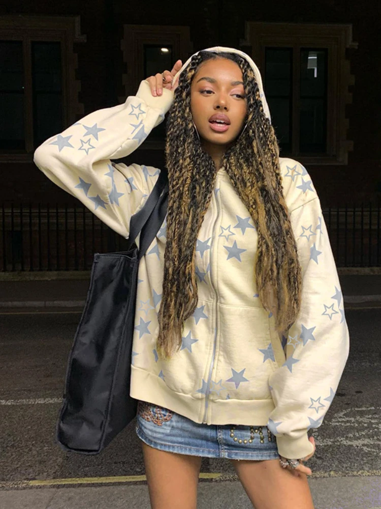 

WeiYao Zip Up Winter Jacket Hoodies Women Cute Kawaii Star Outwear Full Sleeve Preppy Loose Long Sweatshirts Harajuku Overcoat
