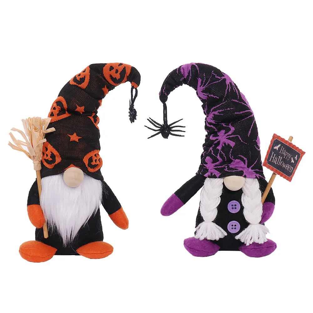 

Halloween Party Decoration Holding Broom Faceless Doll Spider Placard Forest Man Elf Dwarf Ornament Home Bar KTV Decor Kids Gift