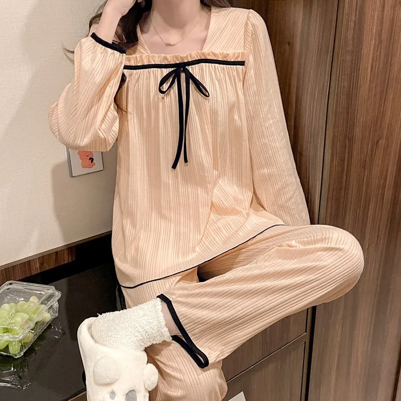 2022 Spring Autumn New Sweet Court Fengmu Ear Square Neck Pajamas Women's Lovely Bow Long Sleeve Home Clothes Female Sleepwear