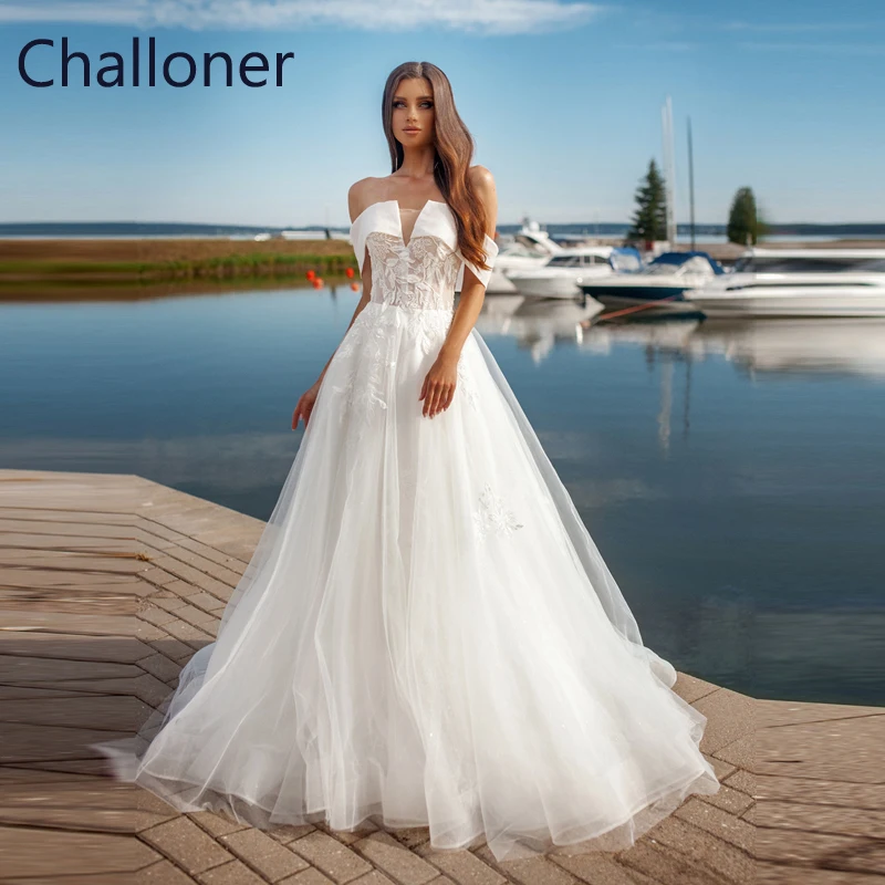 

Challoner Off Shoulder Modern Wedding Dresses for Women 2023 Lace Appliques Tulle Sleeveless Bridal Ball Gowns Vestido de Novia