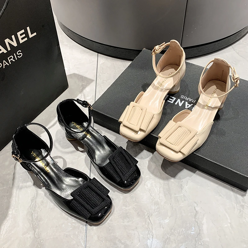 2023 Elegant Woman Shoes With Medium Heels Pumps Sandals Fashion Female Square Toe Buckle Strap Shallow Ladies Heeled Shoes