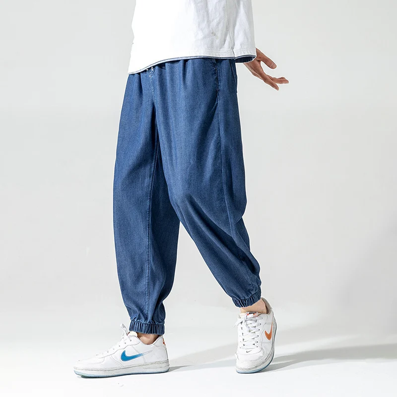

TFETTERS Baggy Jeans Men Clothing Summer Thin Lyocell Casual Drawstring Ankle-Length Jeans Men Pants Solid Color Fashion Jeans