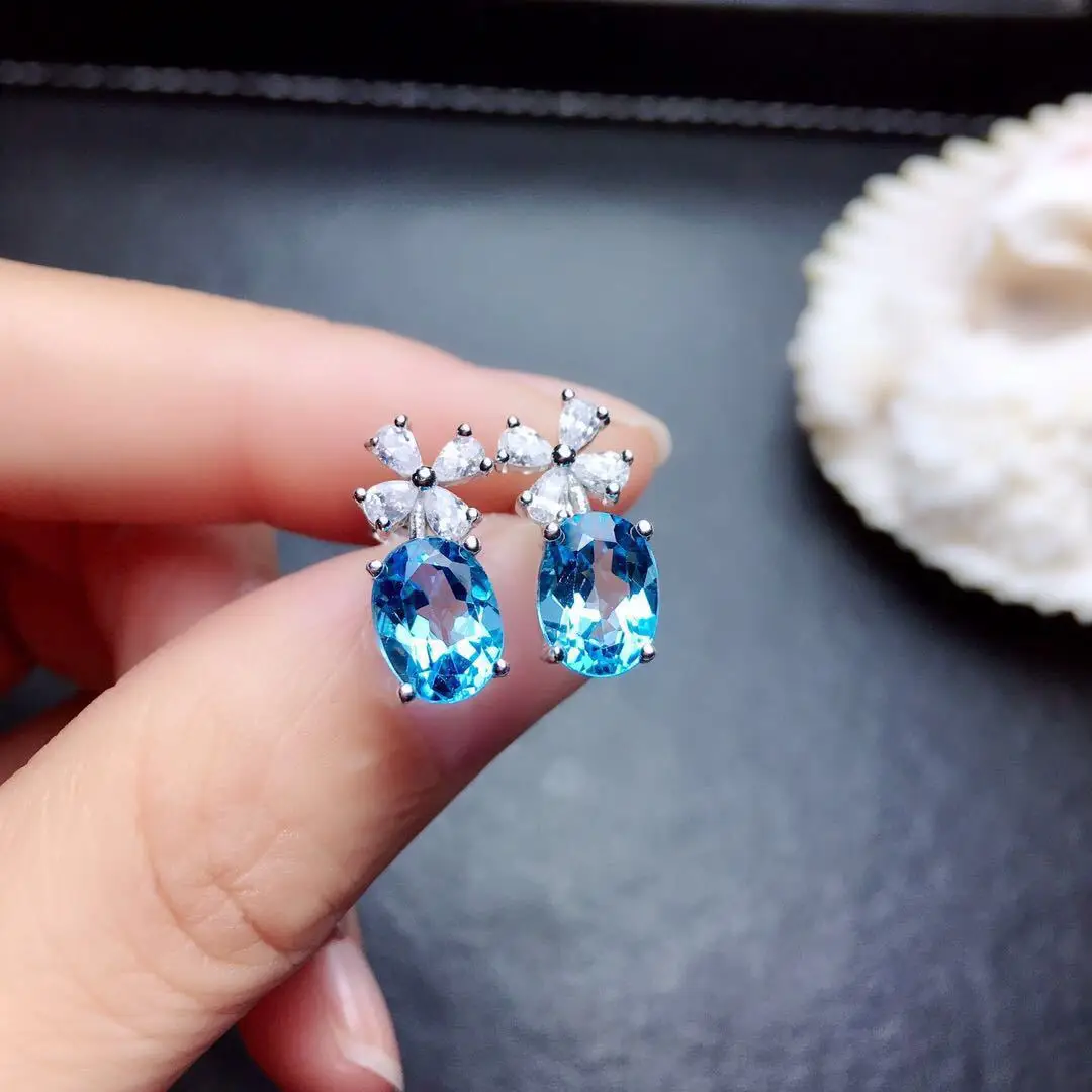 

New Imitation Sea Blue Topaz Short Earrings for Women Platinum Plated Temperament Earrings High Quality Bridal Jewelry