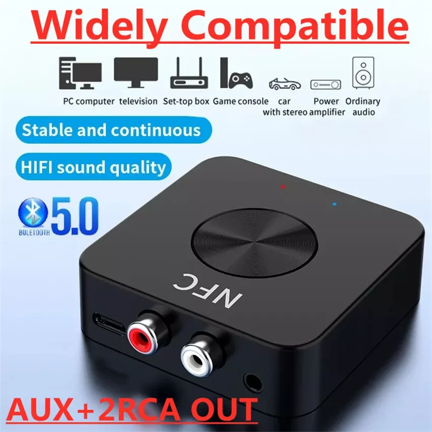 

Bluetooth 5.0 Audio RCA Receiver Transmitter TF Card AptX 3.5mm Jack Aux NFC Stereo Wireless Adapter for Car TV PC 2 Speakers