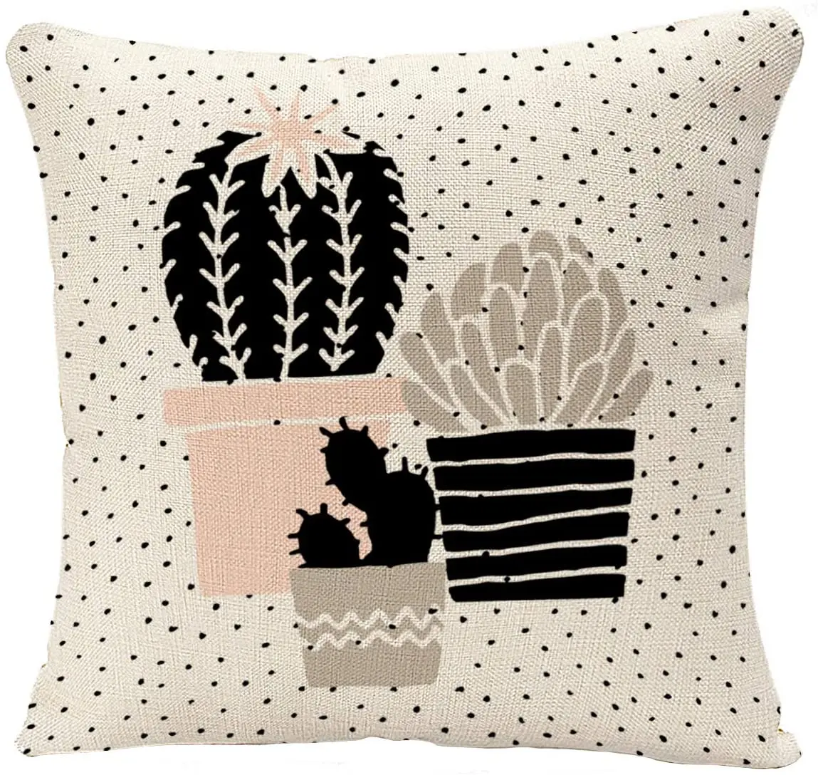 

Подушка в скандинавском стиле с изображением абстрактных кактусов и растений в черном, белом, серо-коричневом и пастельно-розовом цветах, с...