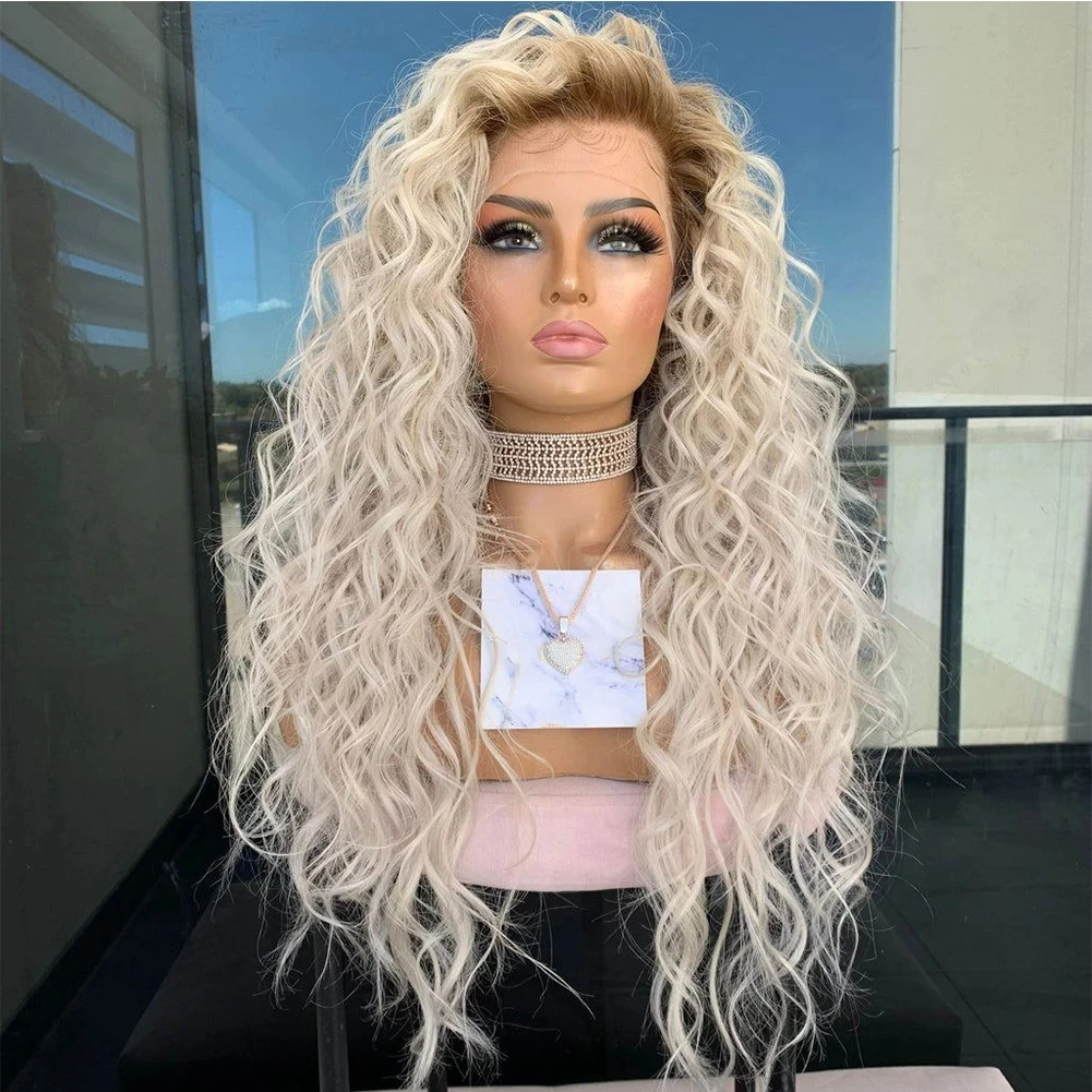 

Platinum Blonde Wig Dark Roots Curly Brazilian Remy Human Hair Lace Front Frontal Wigs Women Female Ombre T Part TransparenT Wig