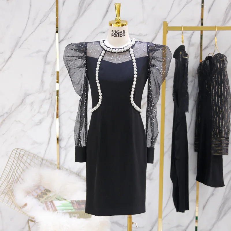 

French Dress Women's Spring Dress 2022 New Lady's Slim Black Stitch Skirt sexy dress summer vestido feminino Polyester