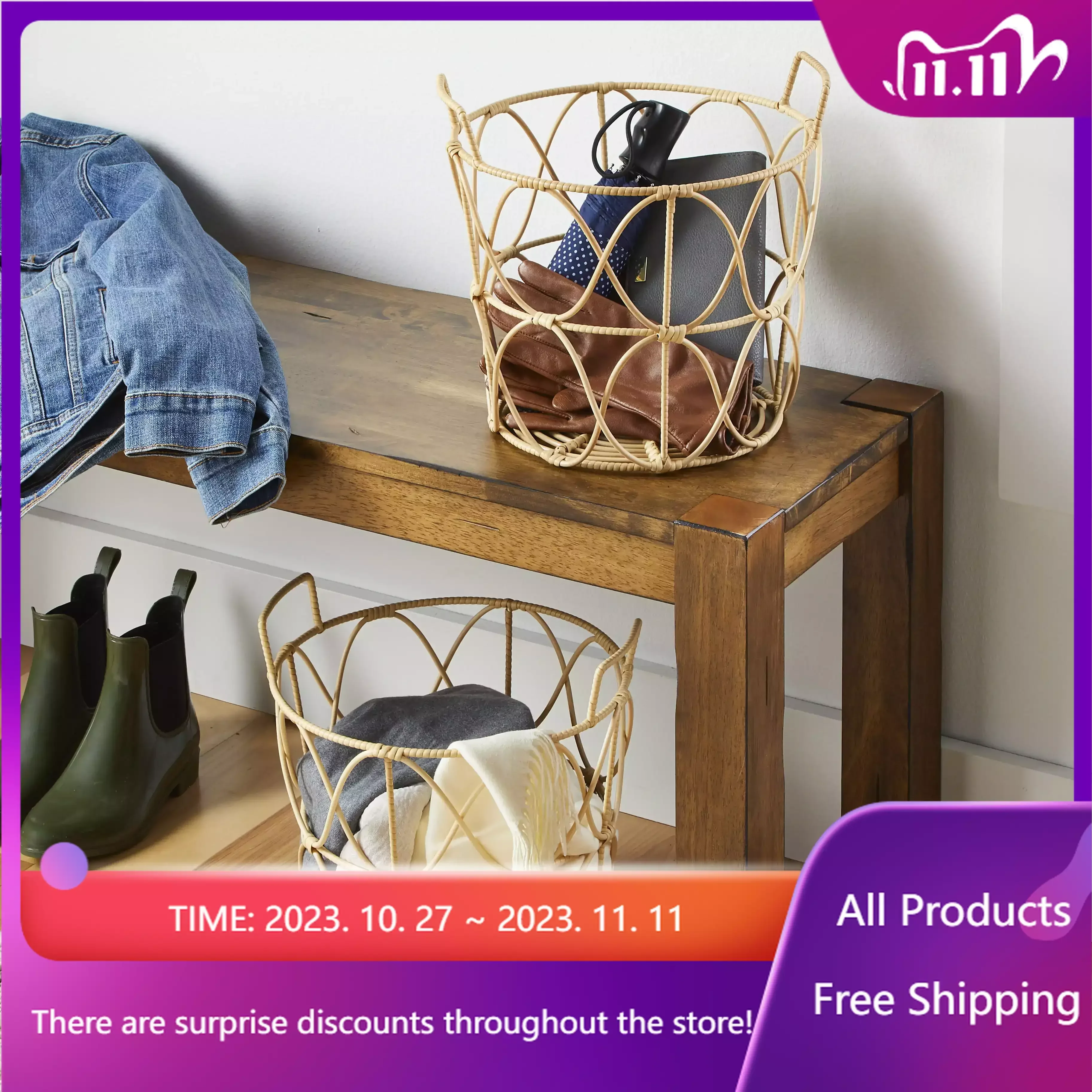 

Poly Rattan Storage Basket Set with Handles, 2-Piece， woven basket storage baskets Sales promotion Sales promotion