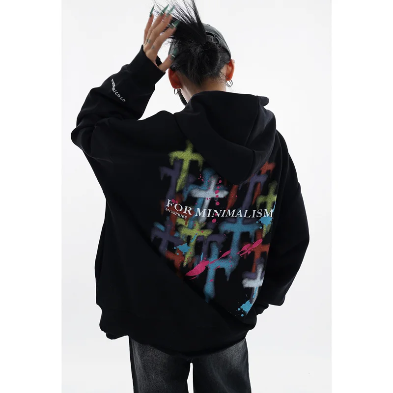 

Women Black Sweatshirt Letter Printing Drawstring Hooded Pullover Korean Fashion Baggy Oversize Leisure Long Sleeves Tops Winter