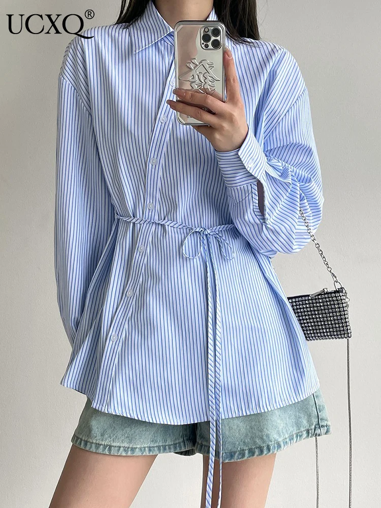 

UCXQ Temperament Lapel Lace-up Waist Striped Shirt For Women Casual Long Sleeve Loose Blouses Tops 2023 Autumn New Tide 23A4211