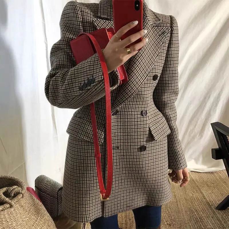 Women Winter Retro Plaid Woolen Blazer Straight Fashion Double-breasted Wool Blends Outwear